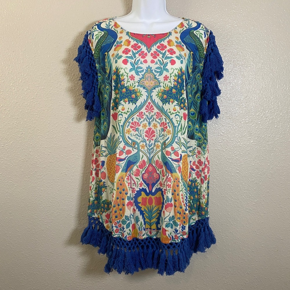Sundance Peacock Mini Dress Small Summer Novelty Vacation Cruise Resort Fringe